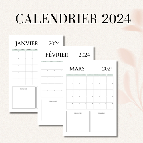 Calendrier 2024 à imprimer, planner 2024, calendrier mensuel, a4