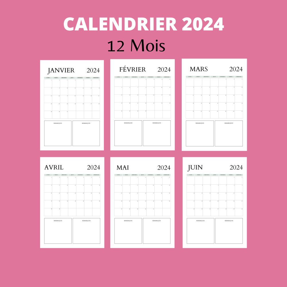 Calendrier Mensuel Classique Pour 2024 Calendrier Dans Le Style De Forme  Carrée Minimaliste