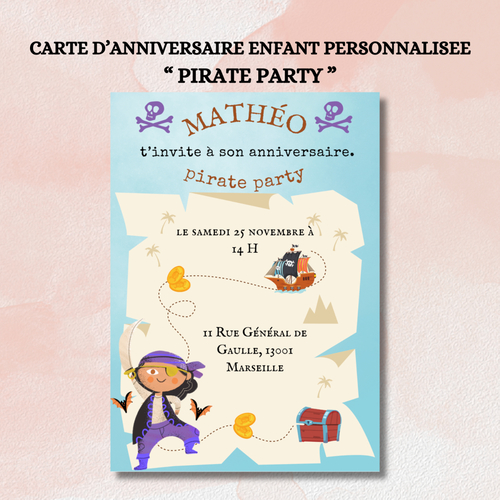Carte d'invitation anniversaire enfant " pirate party " personnalisée, à télécharger et imprimer