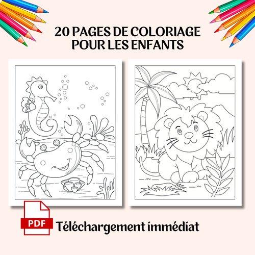 Coloriage pour enfants, 20 pages à colorier, animaux, nature, coloriage à imprimer, pdf