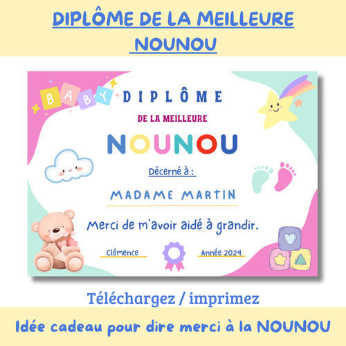 Idée cadeau, diplôme de la meilleure nounou, cadeau de remerciement, merci nounou