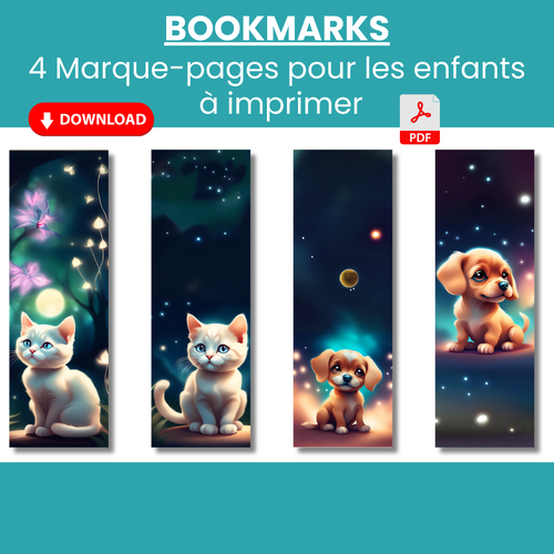 4 marque-pages à imprimer pour enfants, chats et chiens mignons pour accompagner la lecture, marque-pages animaux de compagnie
