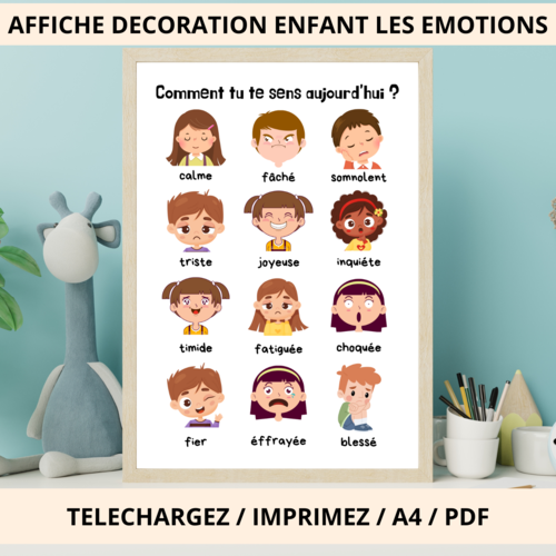 Affiche décoration chambre d'enfant, les émotions, montessori, poster numérique, a4