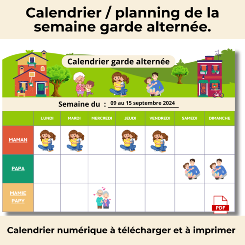 Calendrier de garde alternée pour les enfants, planning hebdomadaire, garde partagée, a4