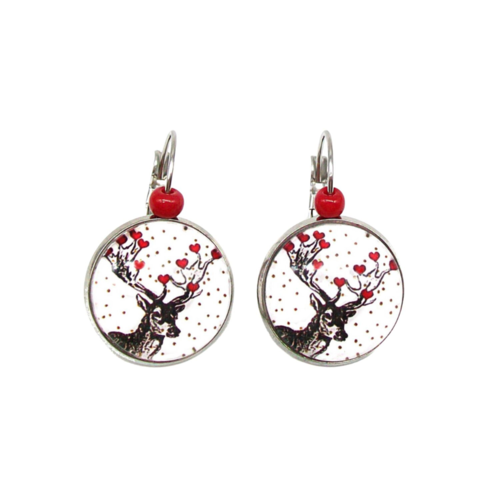 Boucles d'oreilles pendantes cerf/renne avec coeurs rouges – dormeuses, fantaisie, noël