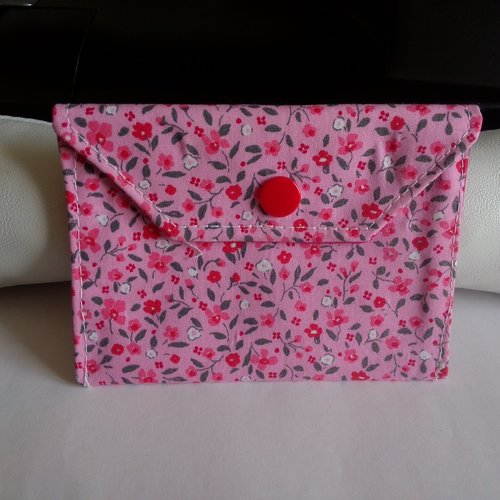 Porte-cartes en tissus 12 x 8,5 cm - motif petites fleurs fond rose
