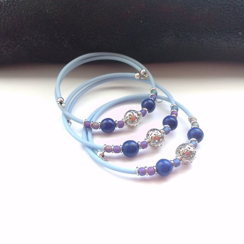 Bracelet sur mémoire de forme perles semi-précieuses lapis lazuli, métal filigrané, rocailles