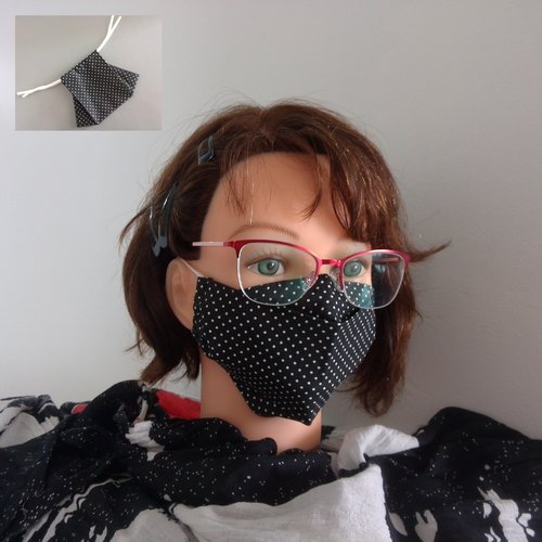 3d - masque alternatif, barrière et sanitaire forme 3d tissu en coton noir et petits pois blancs - ado, femme