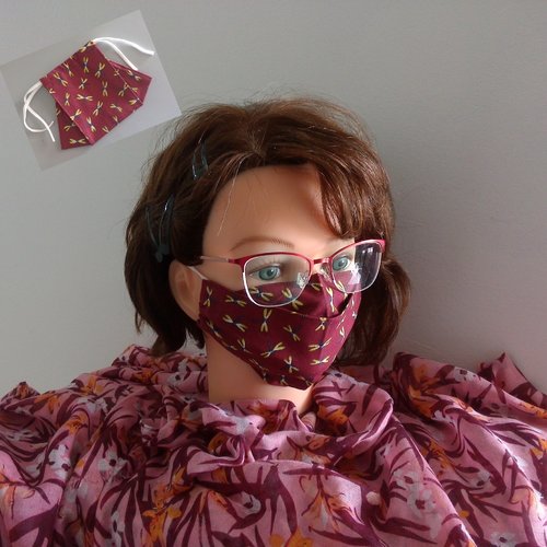 3d - masque alternatif, barrière et sanitaire forme 3d tissu en coton motif libellules - ado, femme