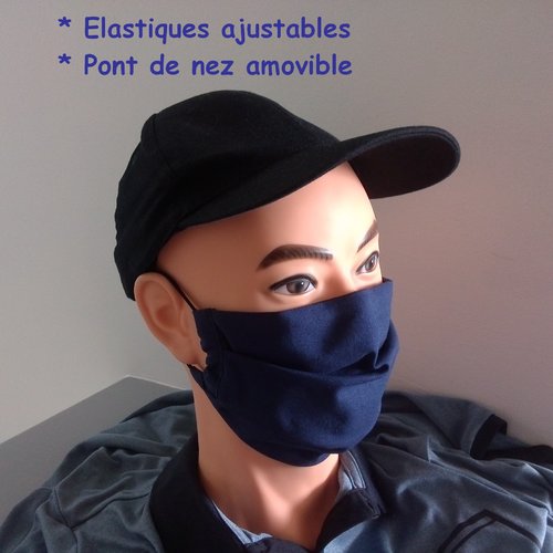 Masque alternatif tissu en coton bleu marine uni avec pont de nez amovible - homme