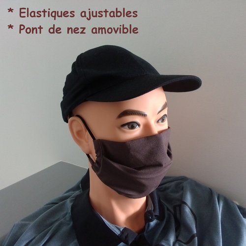 Masque alternatif tissu en coton marron uni avec pont de nez amovible - homme