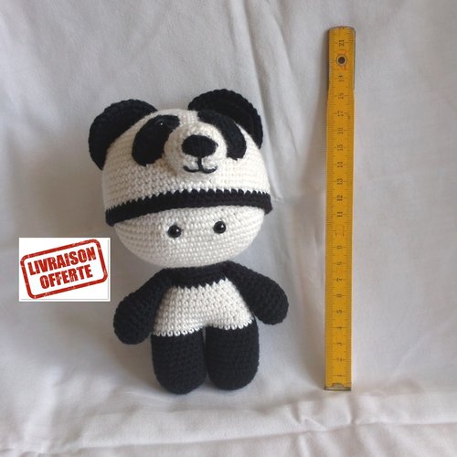 Amigurumi panda poupée yoyo en coton au crochet noir et blanc - 19 cm