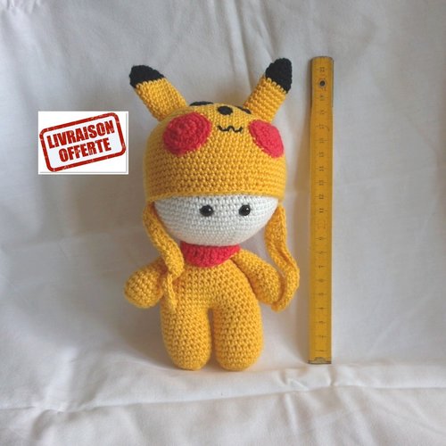 Amigurumi pikachu poupée yoyo en coton au crochet - 22 cm