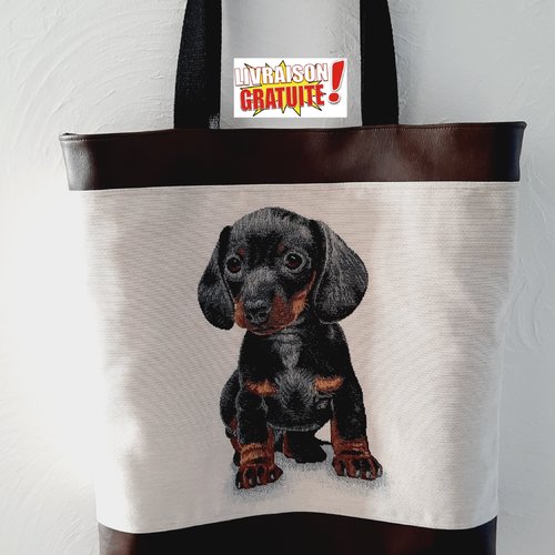 Grand sac cabas "teckel" en toile et simili cuir pour courses, shopping - motif chien 43x42x6cm