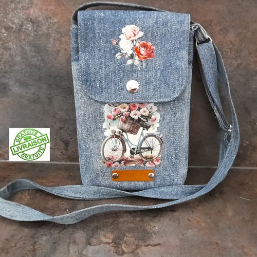 Pochette "à bicyclette" en jean recyclé avec bandoulière réglable