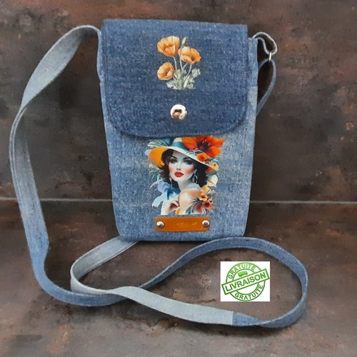 Pochette "la dame au chapeur fleuri" en jean recyclé avec bandoulière réglable