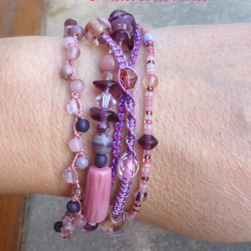 Bracelet macramé multirang violet rose