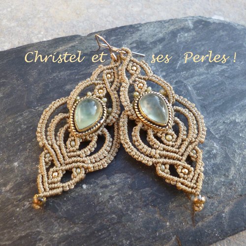 Boucles d'oreilles macramé et préhnite serties