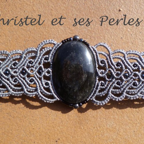 Bracelet macramé baroque et obsidienne argentée