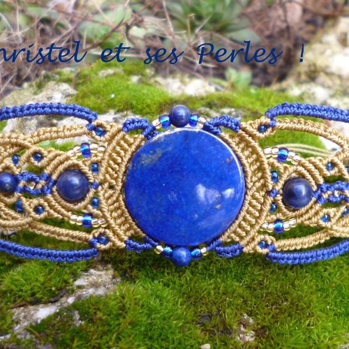 Bracelet macramé bicolore et lapis lazuli rond