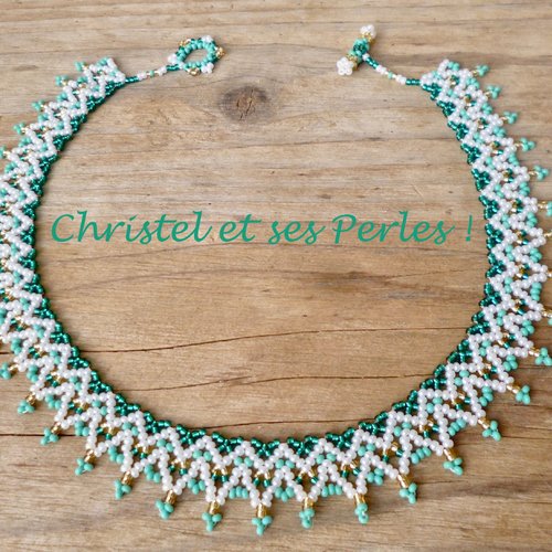 Collier ras cou perles green note vert turquoise blanc
