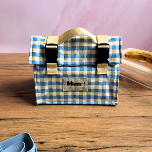 Sac repas isotherme carreaux bleus et jaunes personnalisé - lunch bag vichy moderne - sac déjeuner imperméable - style frais et vitaminé