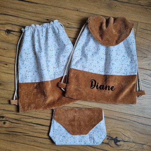 Sac à dos pochon enfant personnalisé azra - sac crèche et maternelle fleurs et velours marron - petit sac à dos prénom fait main