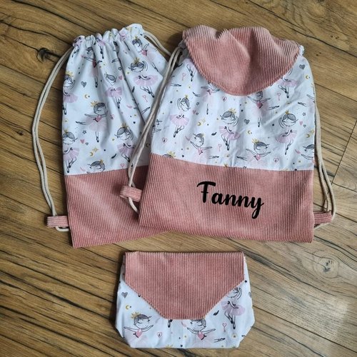 Sac à dos pochon enfant personnalisé danseuse - petit sac crèche et maternelle velours rose - sac à dos prénom personnalisé