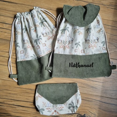 Sac à dos pochon enfant personnalisé jungle - petit sac crèche et maternelle animaux savane - sac à dos prénom velours vert kaki