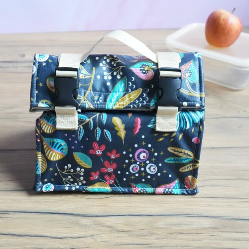 Sac repas isotherme personnalisable motif nuit fleurie – lunch bag en coton enduit - sac déjeuner fait main