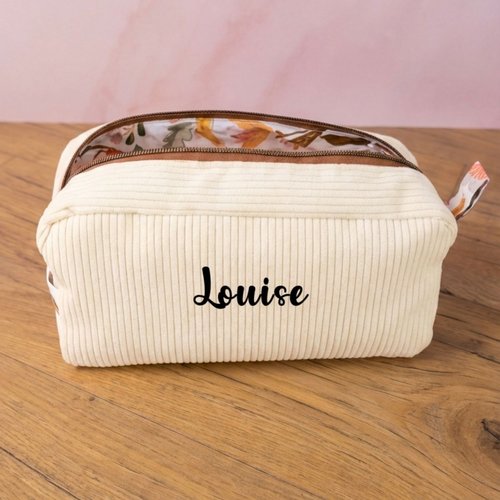 Trousse de toilette personnalisée au prénom en velours côtelé écru fait main