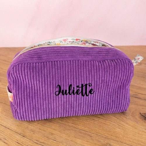 Trousse de toilette lavande personnalisée avec prénom en velours côtelé