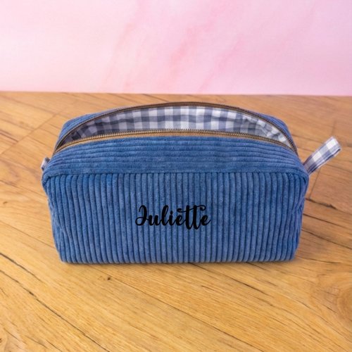 Trousse de toilette bleu foncé personnalisée velours côtelé