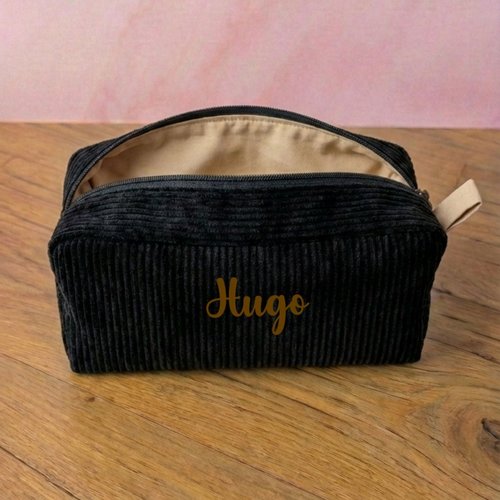Trousse de toilette noire personnalisée en velours côtelé