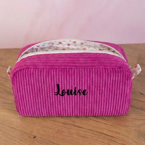 Trousse de toilette magenta personnalisée avec prénom en velours côtelé