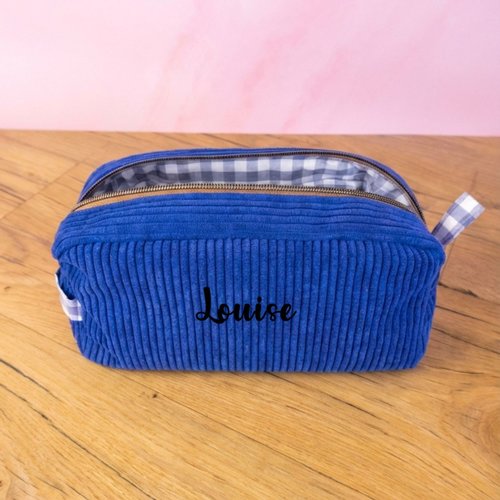 Trousse de toilette bleu roi personnalisée avec prénom en velours côtelé