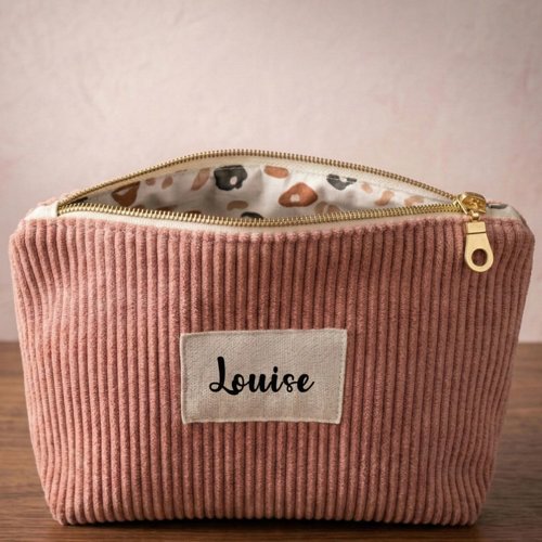 Trousse zippée rose personnalisée en velours côtelé avec prénom