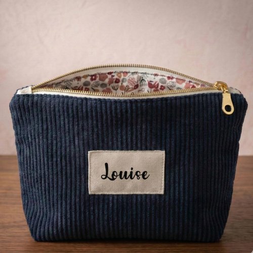 Trousse zippée bleu foncé personnalisée en velours côtelé