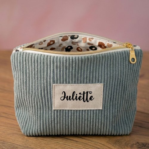 Trousse zippée bleu clair personnalisée en velours côtelé