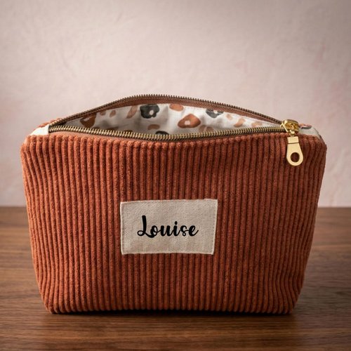 Trousse zippée marron personnalisée en velours côtelé avec inscription
