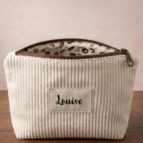 Trousse zippée écru personnalisée en velours côtelé avec prénom