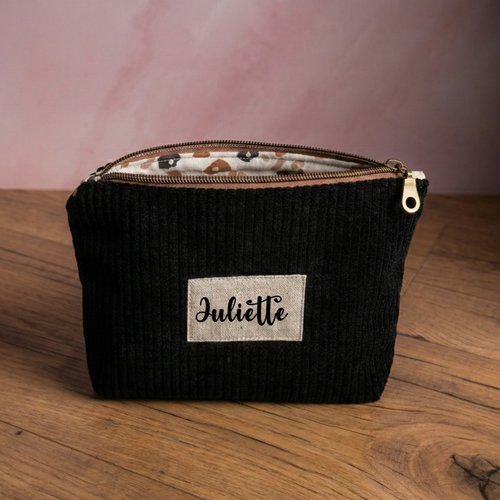 Trousse zippée noire personnalisée en velours côtelé