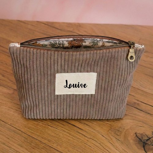 Trousse zippée taupe personnalisée en velours côtelé