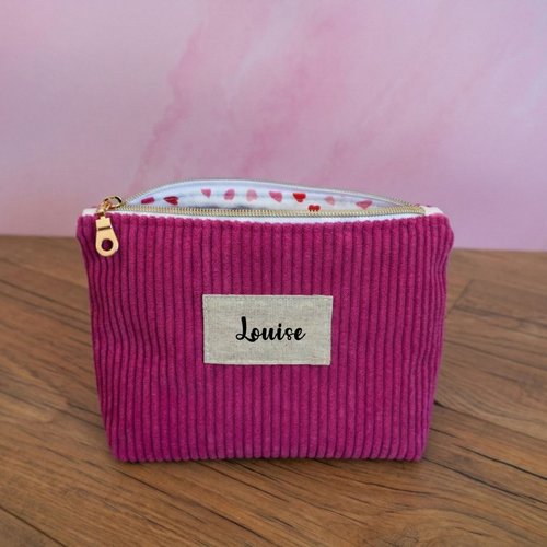 Trousse zippée magenta personnalisée en velours côtelé