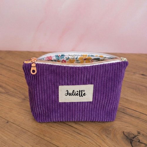 Trousse zippée lavande personnalisée en velours côtelé