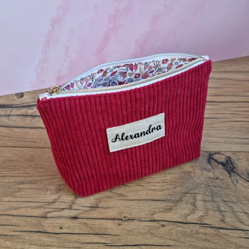 Trousse zippée lie de vin personnalisée en velours côtelé