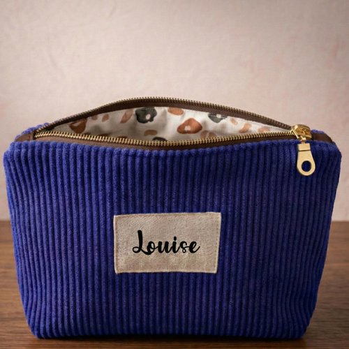 Trousse zippée bleu roi personnalisée en velours côtelé