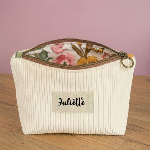 Trousse zippée jaune pâle personnalisée en velours côtelé