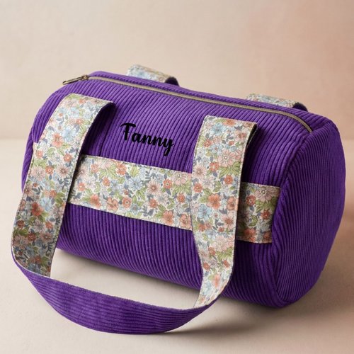 Sac polochon velours côtelé lavande personnalisé prénom – mauve lavande tendre – taille m, sac de sport, piscine, crèche