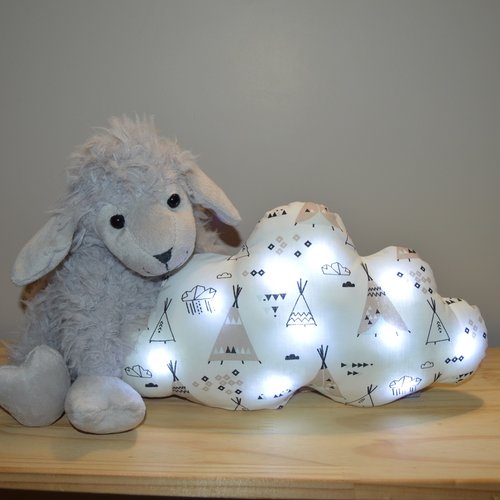 Coussin nuage lumineux dehoussable, veilleuse bébé enfants, tissu blanc motifs tipi indien, cadeaux de naissance...
